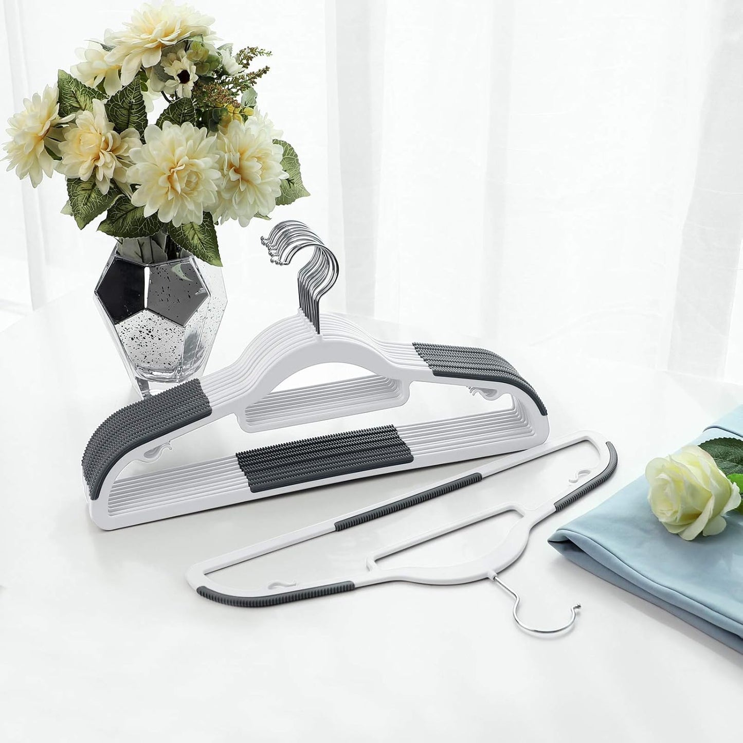 SONGMICS Pack of 30 Coat Hangers, Space-Saving Plastic Clothes Hangers, Non-Slip, 0.2 Inches Slim, 16.5 Inches Wide, 360° Swivel Silver Hook, White and Dark Gray UCRP20WG30