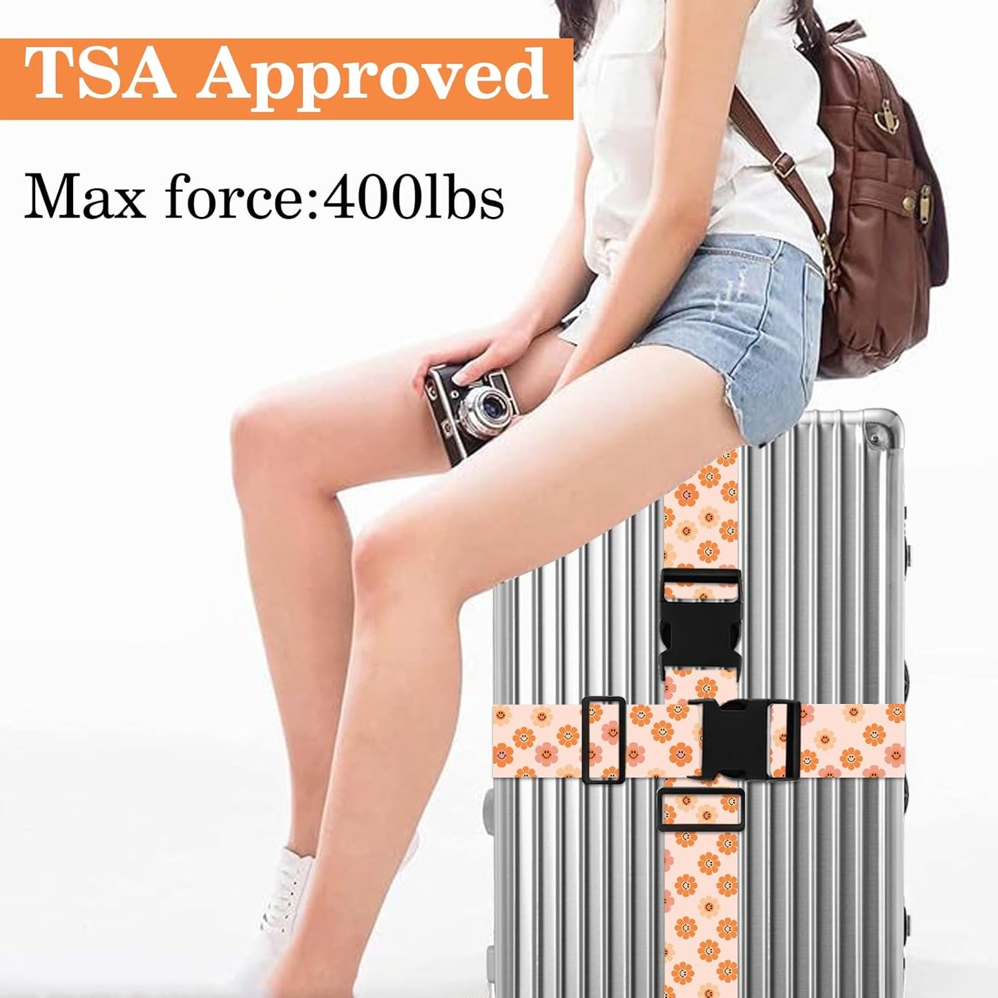 Luggage Straps for Suitcases TSA Approved, Luggage Identifiers for Suitcase, Adjustable Suitcase Strap for Baggage Security with Cute Patten, Travel Necessary Accessories 2Pack (Orange Flower)