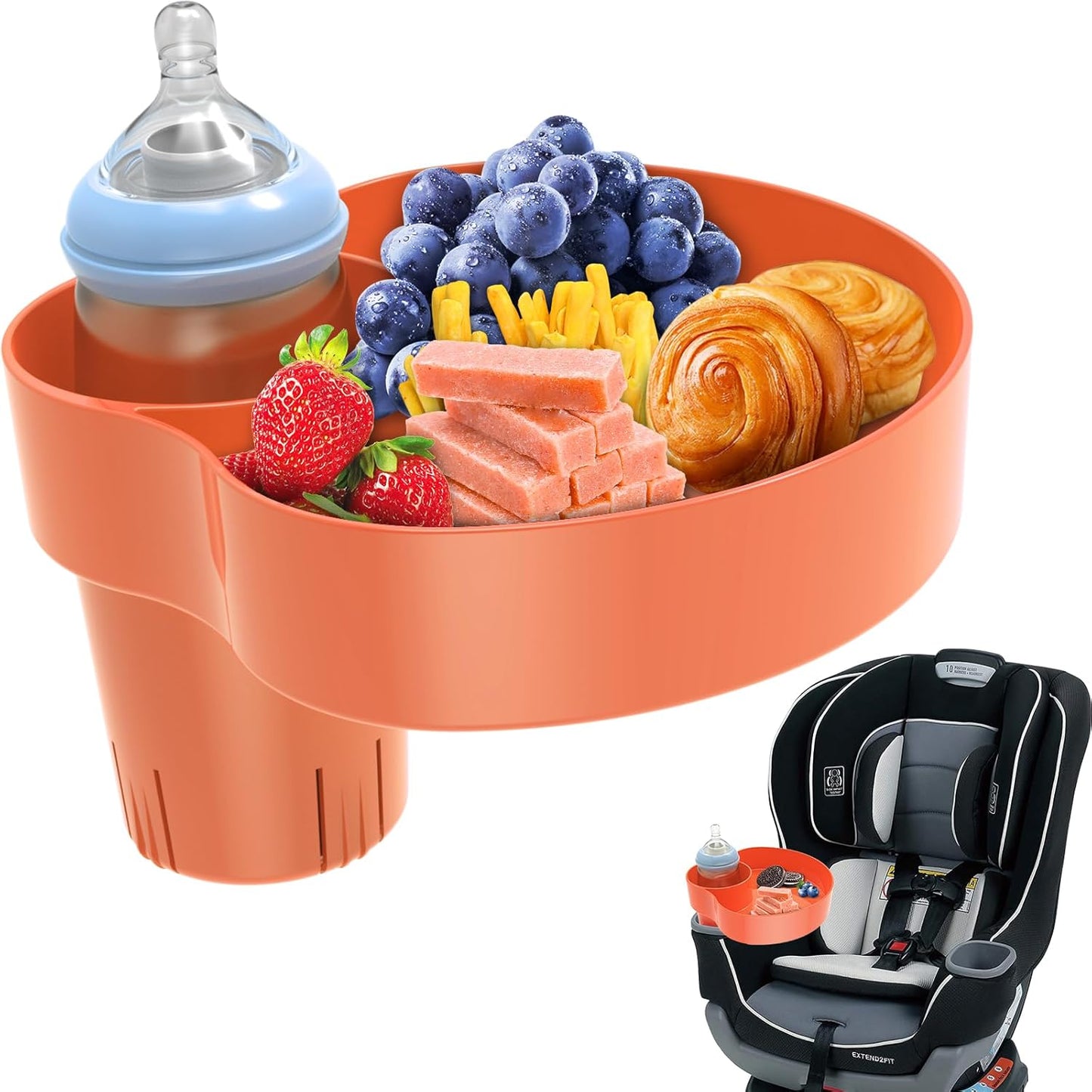 Kids Car Seat Tray, Travel Tray with Cup Holder for Toddler Baby, Kids Car Seat Food Snack Organizer for Road Trip, Stroller snack Organizer Travel Must Haves Toddler Must Haves (Orange)