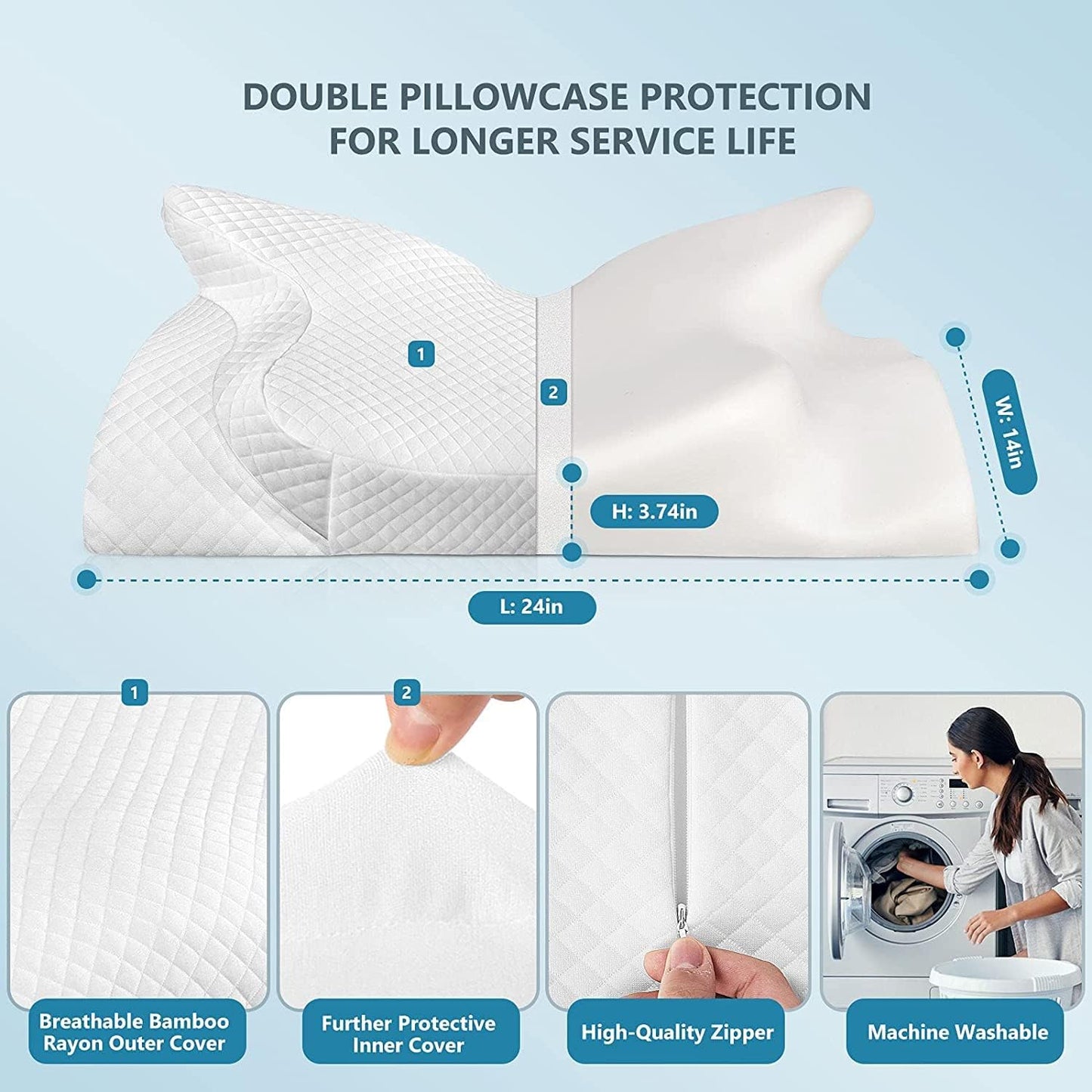 ZAMAT Adjustable Cervical Memory Foam Pillow, Odorless Neck Pillows for Pain Relief, Orthopedic Pillows for Sleeping with Cooling Pillowcase, Bed Support Pillow for Side, Back, Stomach Sleeper