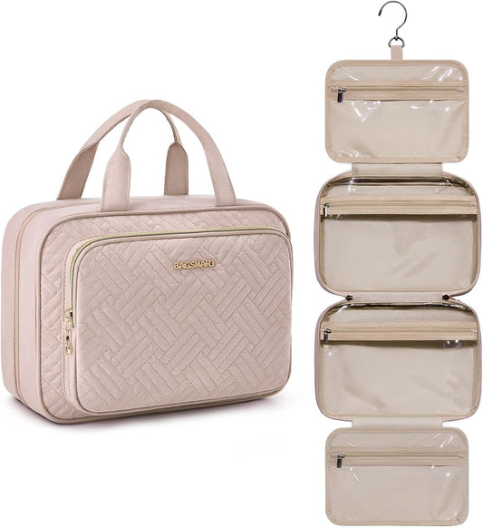 BAGSMART Travel Toiletry Bag Hanging Travel Makeup Organizer Cosmetic Bag Makeup Bag for Full Sized Toiletries, Basic-Pink