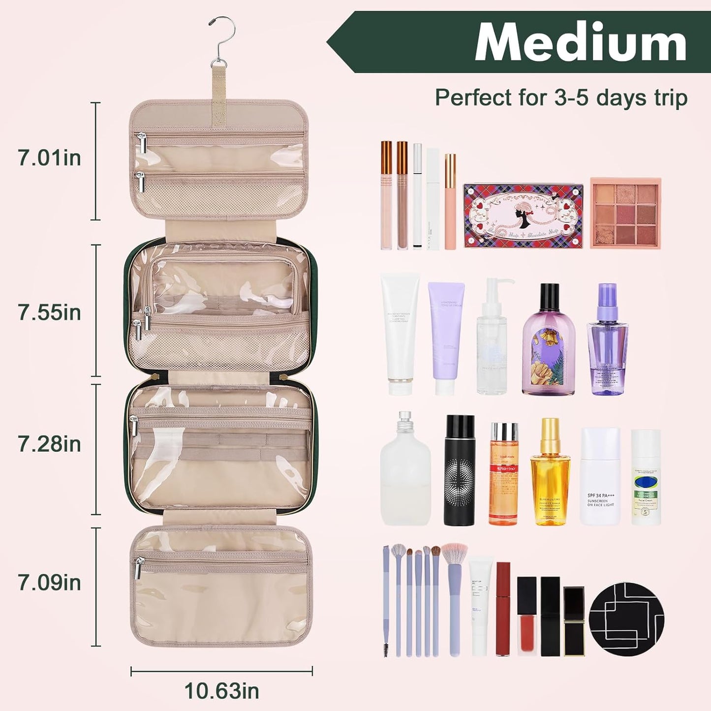 Wedama Toiletry Bag for Women, Medium Cosmetic Travel Bag, Hanging Toiletry Bag for Bathroom, Thickened PVC Waterproof Makeup Bag, Toiletries Bag for Travel Business Trips and Camping, Dark Green