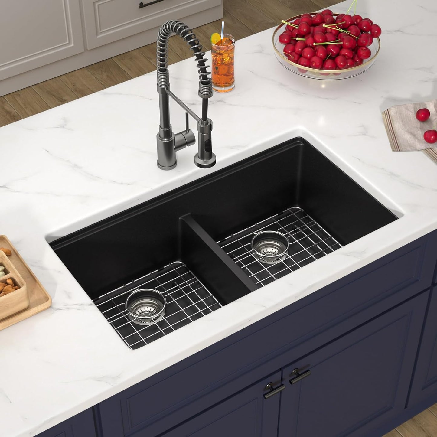 33 Inch Black Undermount Granite Composite Kitchen Sink Under Counter Quartz Single Bowl Sink Workstation Sinks with Accessories Quick Drain Noise Reduction Home Renovation Classic Style