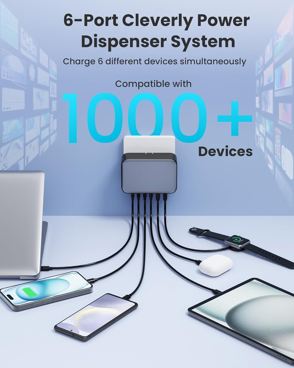 USB C Charger Block 200W with Wall Plug,6 Ports GaN IV Charging Station Hub,QC4.0+PD 65W USB C Laptop Charger Adapter Compatible with MacBook Air/Pro,DELL,iPhone 16/15/14,iPad,Steam Deck,Galaxy-Black