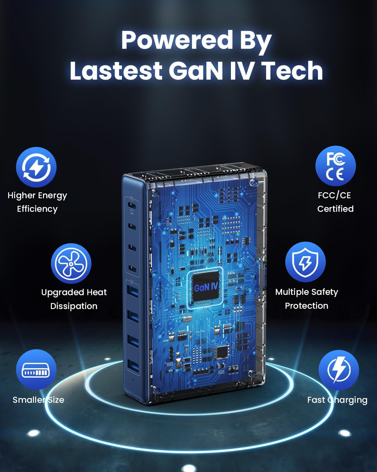 200W USB C Charger Block,GaN IV Charging Station 8 Ports,QC4.0 Fast Charging Station Hub+PD 65W USB C Laptop Charger Adapter Compatible with MacBook Air/Pro,DELL,iPhone 16/15,iPad,Steam Deck-Deep Blue