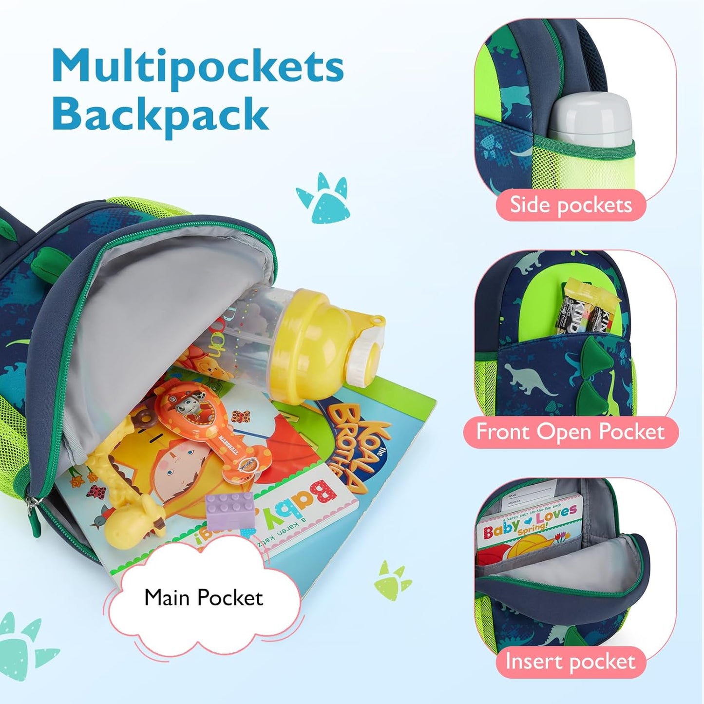 mommore Toddler Backpack for Boys 2-4 Small Cute Dinosaur Backpack with Kids Leash, 3D Cartoon Preschool Kindergarten Bookbag for Pre-k, Green