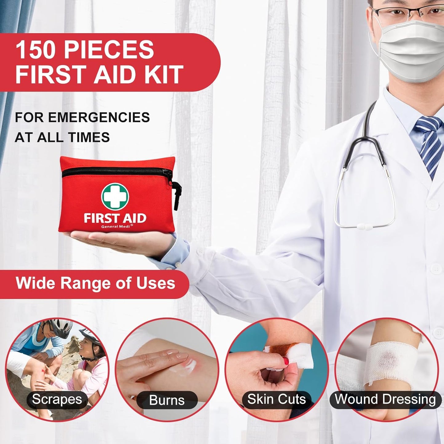 General Medi Mini First Aid Kit, 150 Piece Small First Aid Kit - Includes Emergency Foil Blanket, Scissors for Travel, Home, Office, Vehicle, Camping, Workplace & Outdoor (Red)