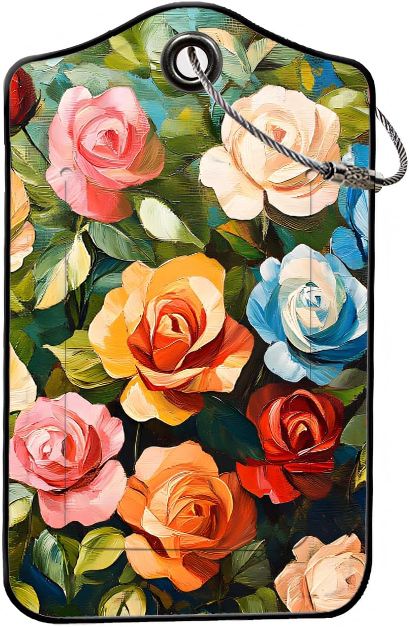 Luggage Tags for Suitcases, 2-Pack PU Leather for Cruise & Travel, Baggage ID Tags with Privacy Cover & Address Card, Durable Metal Ring, Kids Adults Travel Accessories, Painterly Roses