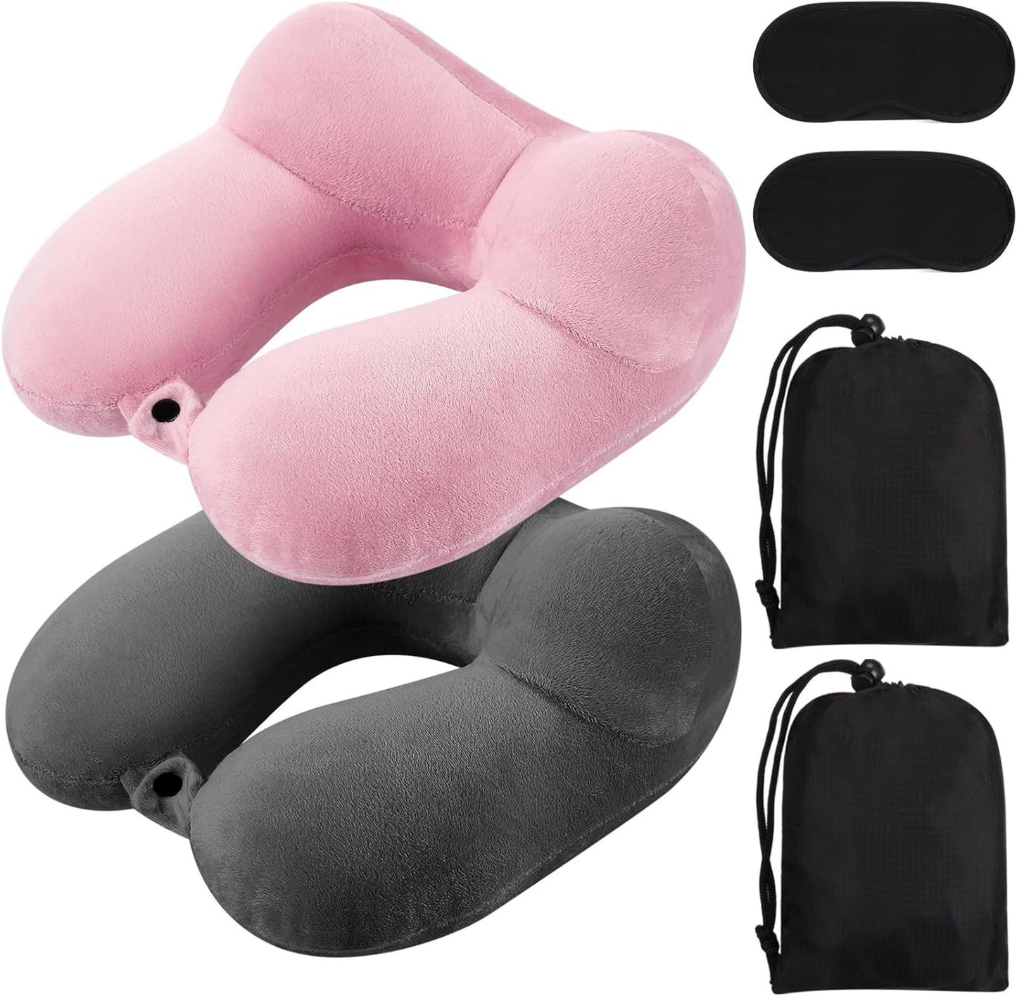 Sintuff 2 Pack Inflatable Travel Pillow for Airplanes Inflatable Neck Flight Pillows with Compact Bag and Blindfold for Traveling, Airplane, Train, Car, Office(Dark Gray and Light Pink)