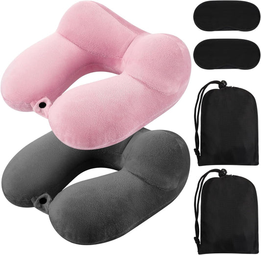 Sintuff 2 Pack Inflatable Travel Pillow for Airplanes Inflatable Neck Flight Pillows with Compact Bag and Blindfold for Traveling, Airplane, Train, Car, Office(Dark Gray and Light Pink)