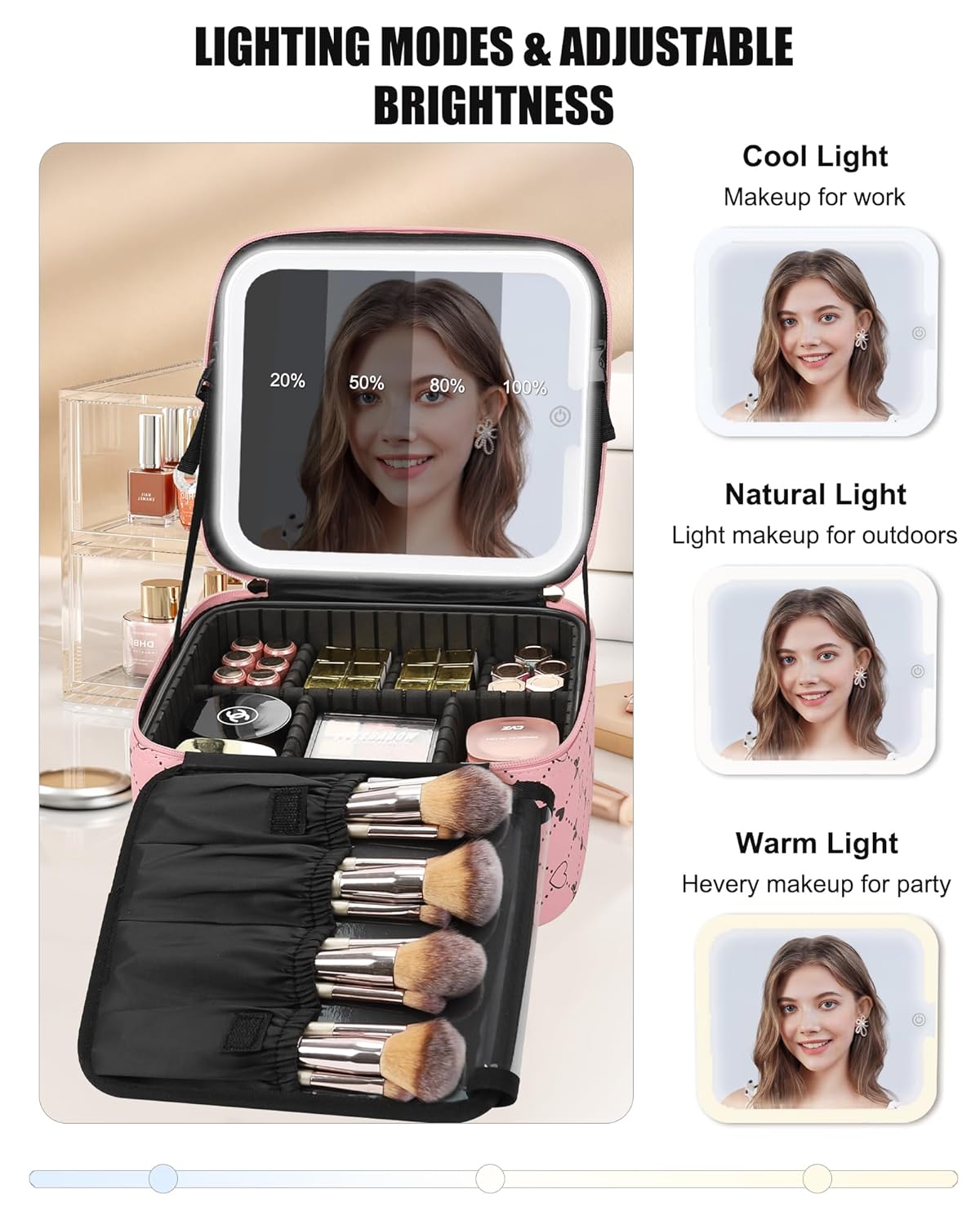 Relavel Travel Makeup Bag With LED Mirror, Compact Cosmetic Organizer Storage with Brush Compartment, 3 Colors in Adjustable Brightness, Adjustable Dividers, Make Up Train Case - Pink Bowknot