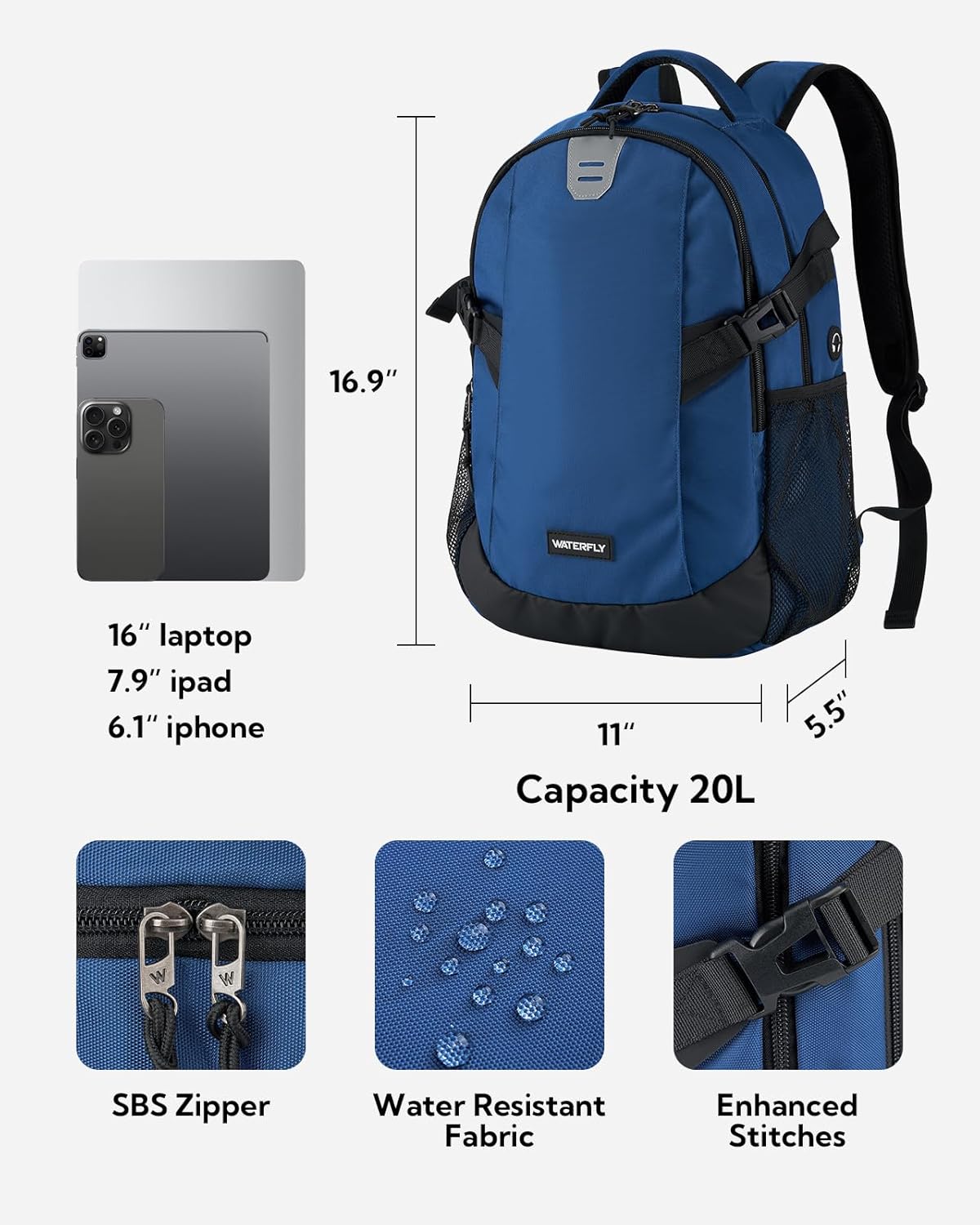 WATERFLY Small Casual Travel Backpack: 20L for Men Women Work Commuter Everyday EDC Daypack Hiking Gym Sport Workout Blue