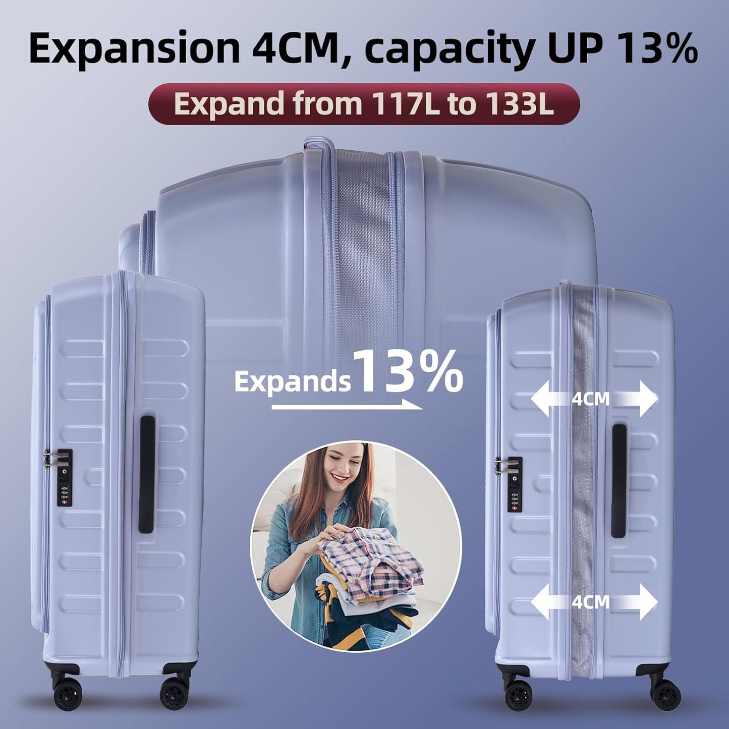 29 Inch Luggage with Expansion & Side Opening Design, 50 * 31(35)*76cm, 117L~133L Ligthweight ABS+PC Hardshell Checked Suitcase, TSA Lock & YKK Zipper with HINOMOTO 360° Wheels, LiLac Purple