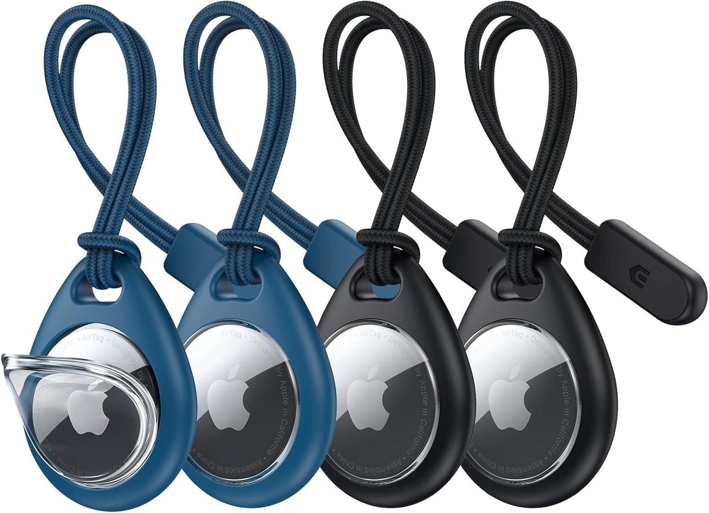 UNBREAKcable Holder for Apple AirTag with Strap- 4 Pack [Fit Tightly Design] [Easy to Install] [Hold Air Tag Securely] Waterproof TPU Shell Protective Case with Nylon Keychain Strap(Black&Blue)
