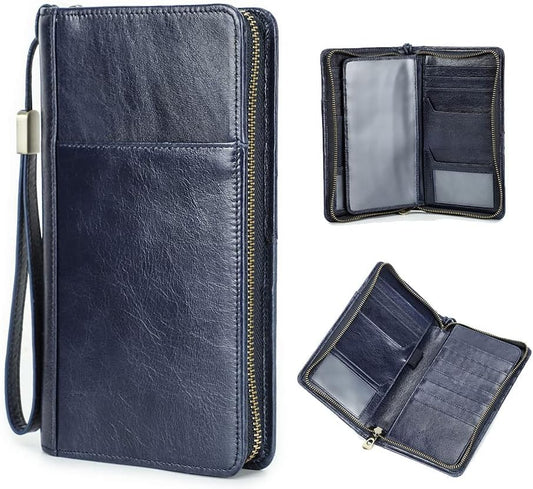 CONTACTS Passport Wallet Leather Family Passport Holder for 4 Travel Documents Organizer RFID Blocking Zipper Blue Card Wallet with 13 Card Slot