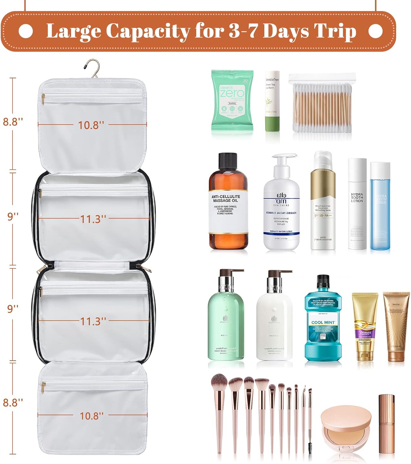 Hanging Travel Toiletry Bag,Large Capacity Cosmetic Travel Toiletry Organizer for Women with 4 Compartments & 1 Sturdy Hook,Perfect for Travel/Daily Use/Christmas