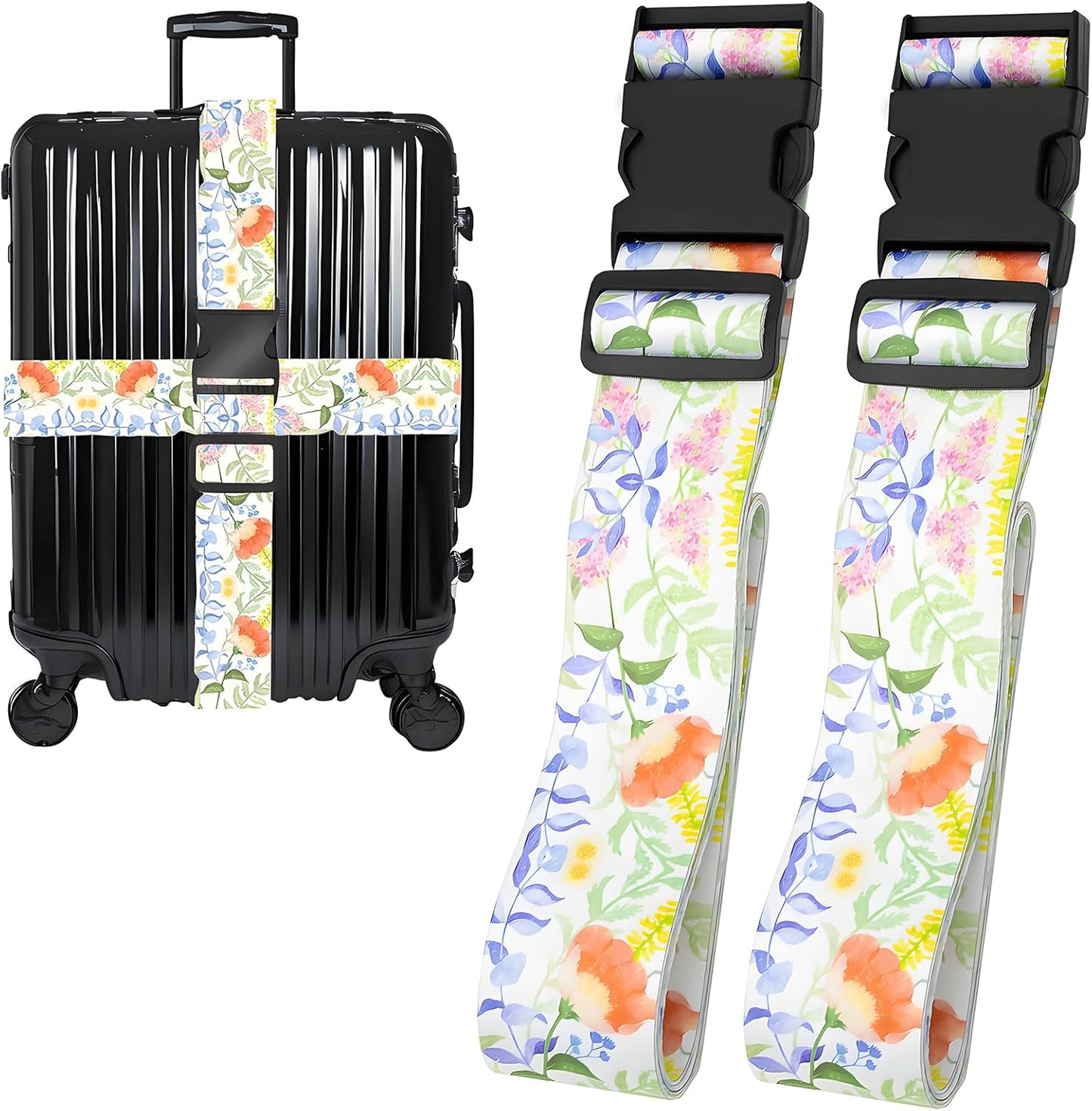 Roses Flowers Luggage Straps for Suitcases, Adjustable Luggage Travel Belts to Keep Luggage Security While Travel, Strong Polyester Fabric, Easy-to-Recognize Stylish Design Travel Accessories, 2 Pack