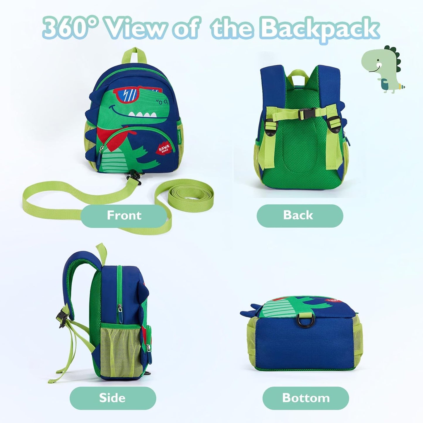 mommore Toddler Backpack for Boys 2-4, 3D Cartoon Cute Kids Dinosaur Backpack Water-Resistant Compact for Travel Preschool with Toddler Leash, Chest Buckle