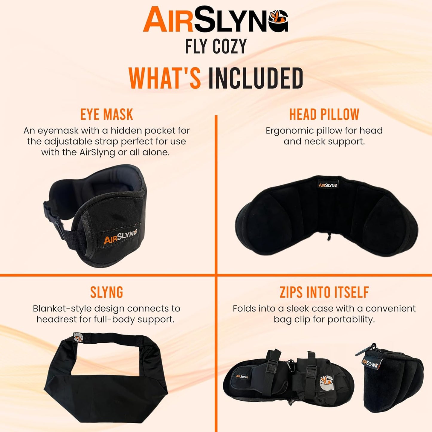 3-in-1 Airplane Sleep Support System - Integrated Plane Sleeping Accessories with Memory Foam Long Haul Flight Pillow, Adjustable Travel Eye Mask, and Blanket-Like Body Sling - Fits in Carry On