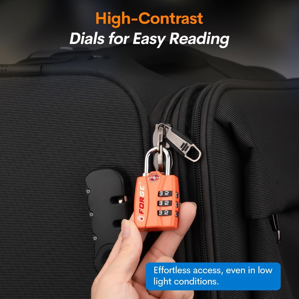 Forge TSA Luggage Combination Lock - Open Alert Indicator, Easy Read Dials, Alloy Body- Ideal for Travel, Lockers, Bags (Orange 2PK)