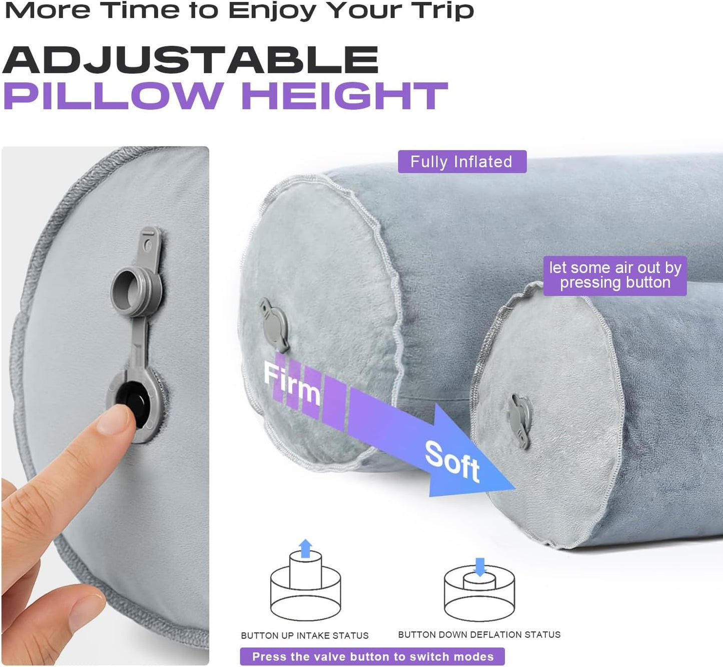 ETROL Inflatable Body Pillow for Adults, 47-inch Long Pillows for Bed, Bolster Pregnancy Pillows for Sleeping, Inflatable Travel Full Body Pillow, Hug Round Pillow for Side Sleeper, Soft Velvet, Grey