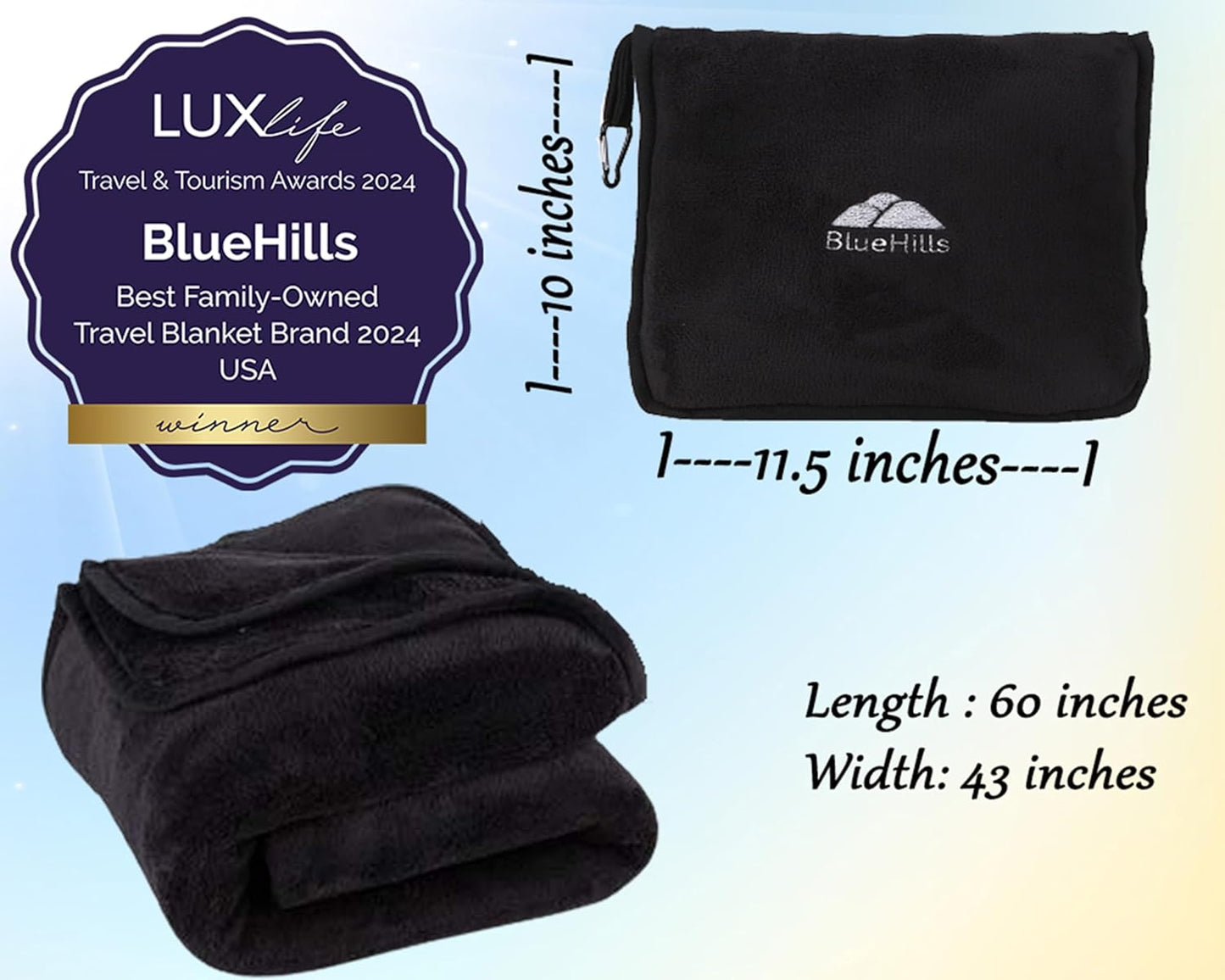 BlueHills 2-Pack Premium Soft Travel Blanket Pillow Airplane Blanket for Two in Soft Bag Pillowcase with Hand Luggage Belt and Backpack Clip, Compact Pack Large Blankets for Travel (Black T014)