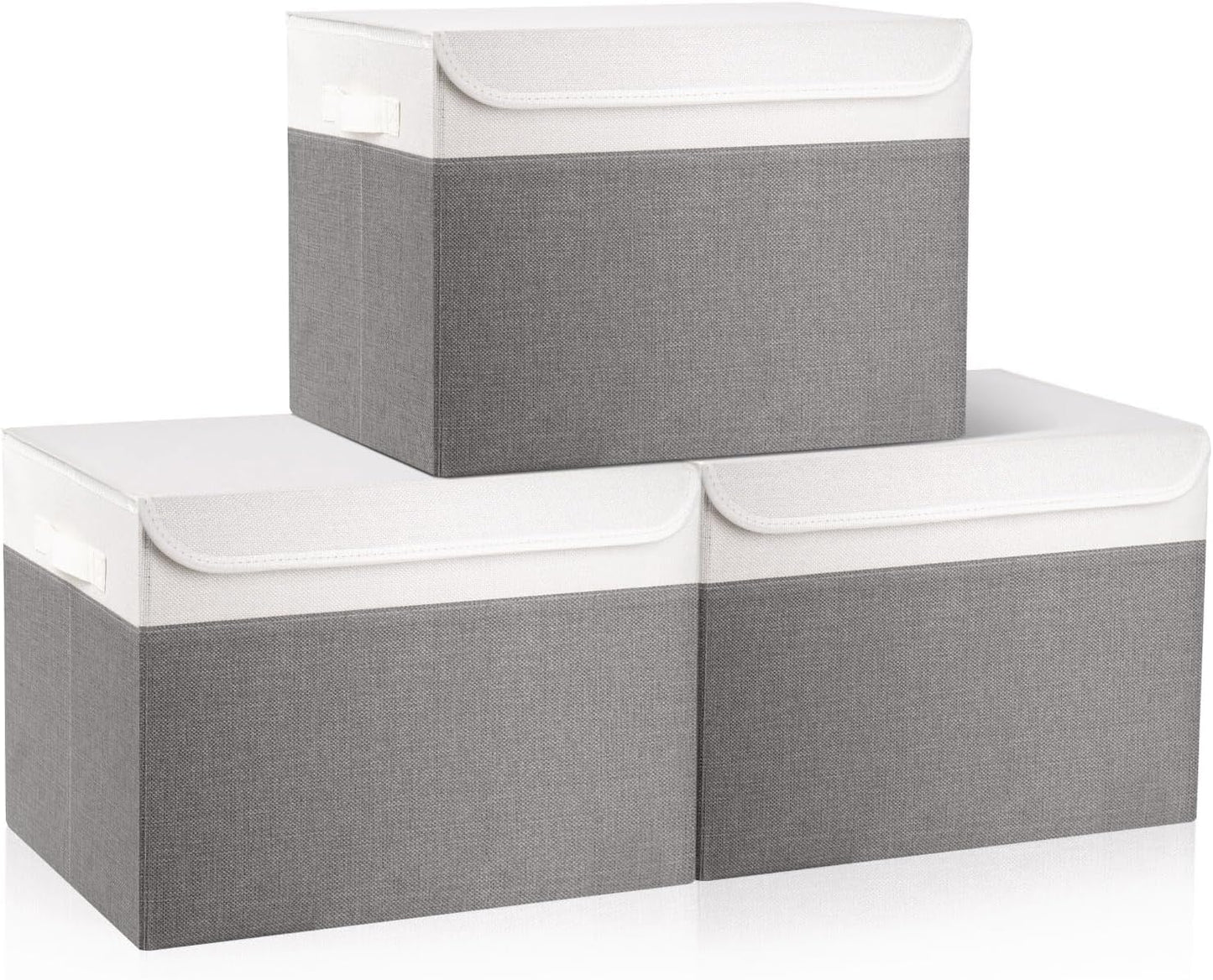 Large 17" 42 Quarts Collapsible Stackable Storage Bins with Lids [3-Pack] Foldable Fabric Linen Storage Boxes Cube, Closet Organizer Baskets with Label (16.7 x 12 x 12", Gray & White)