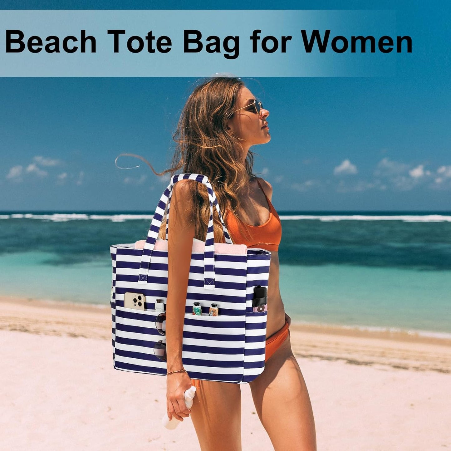 LEDAOU Beach Bag Waterproof Sandproof Women Tote Bag Pool Bag with Zipper for Gym Grocery Travel with Wet Pocket