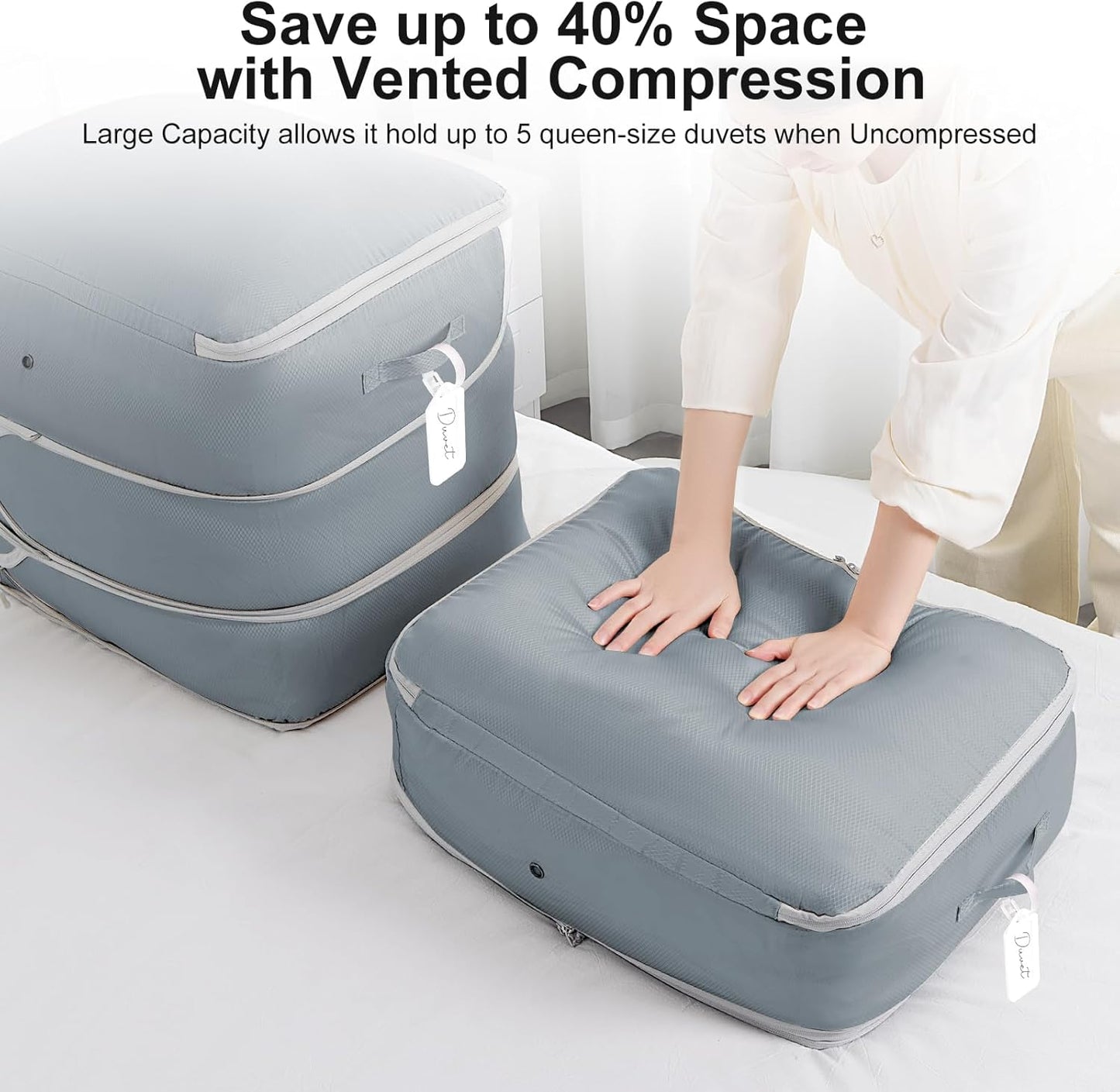 Comforter Storage Bag - Large Capacity Blanket Storage Bags 3-Layer Ultra Space Saving Self Compression Organizer, Washable Compression Bags for Storage Comforter Blanket, 2-Pack, Grey