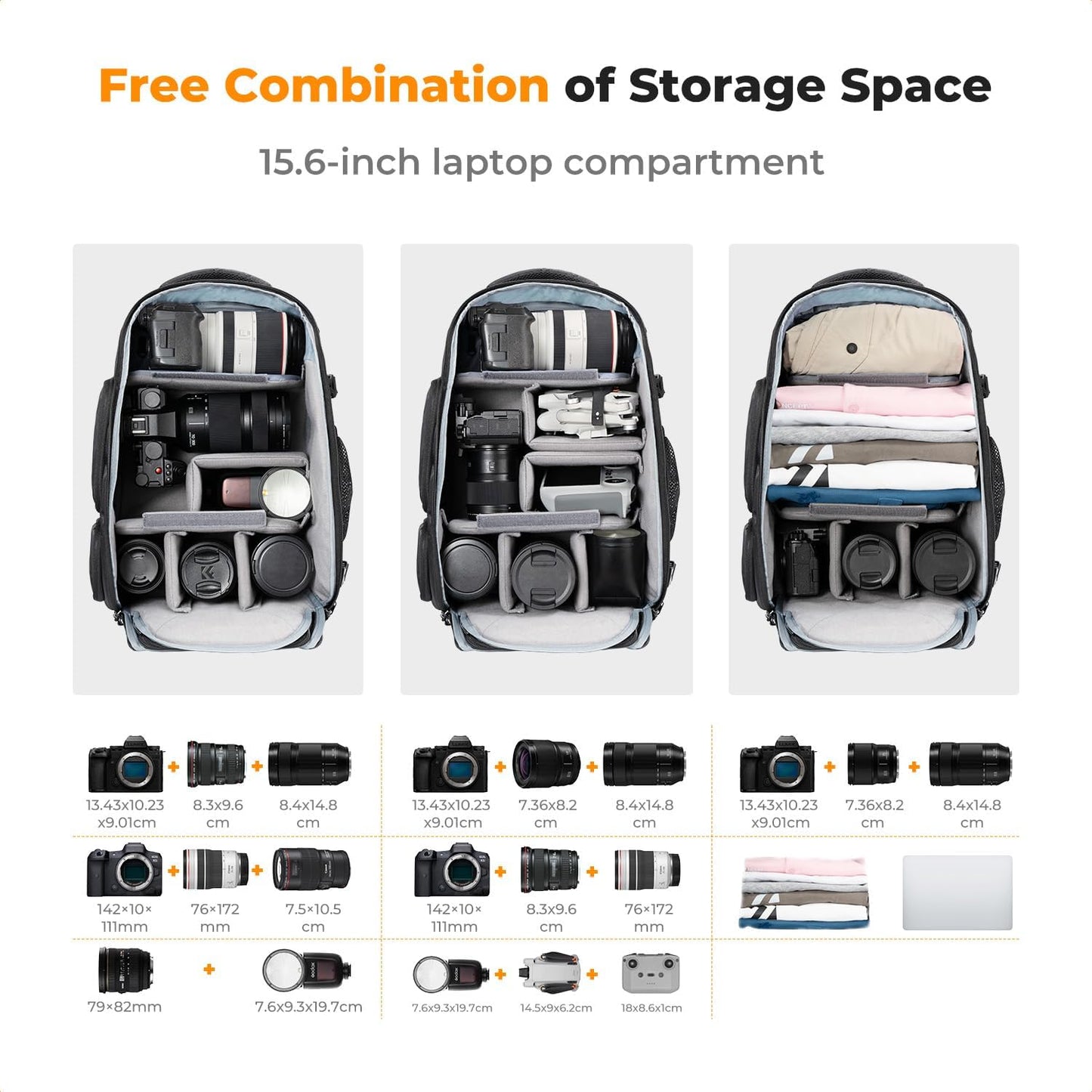 K&F CONCEPT Camera Backpack,25L Large Capacity Camera Bag for Photographers with Raincover and 15.6 Inch Laptop Compartment Compatible for Canon/Nikon/Sony/DJI Mavic Drone