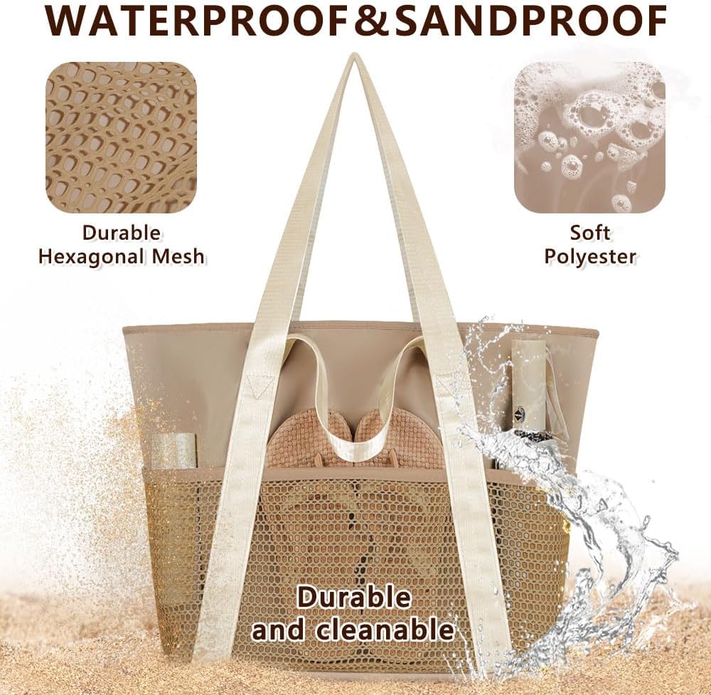 Waterproof Sandproof Beach Bag with Zipper and 6 Pockets - Foldable Lightweight Tote for Pool, Travel