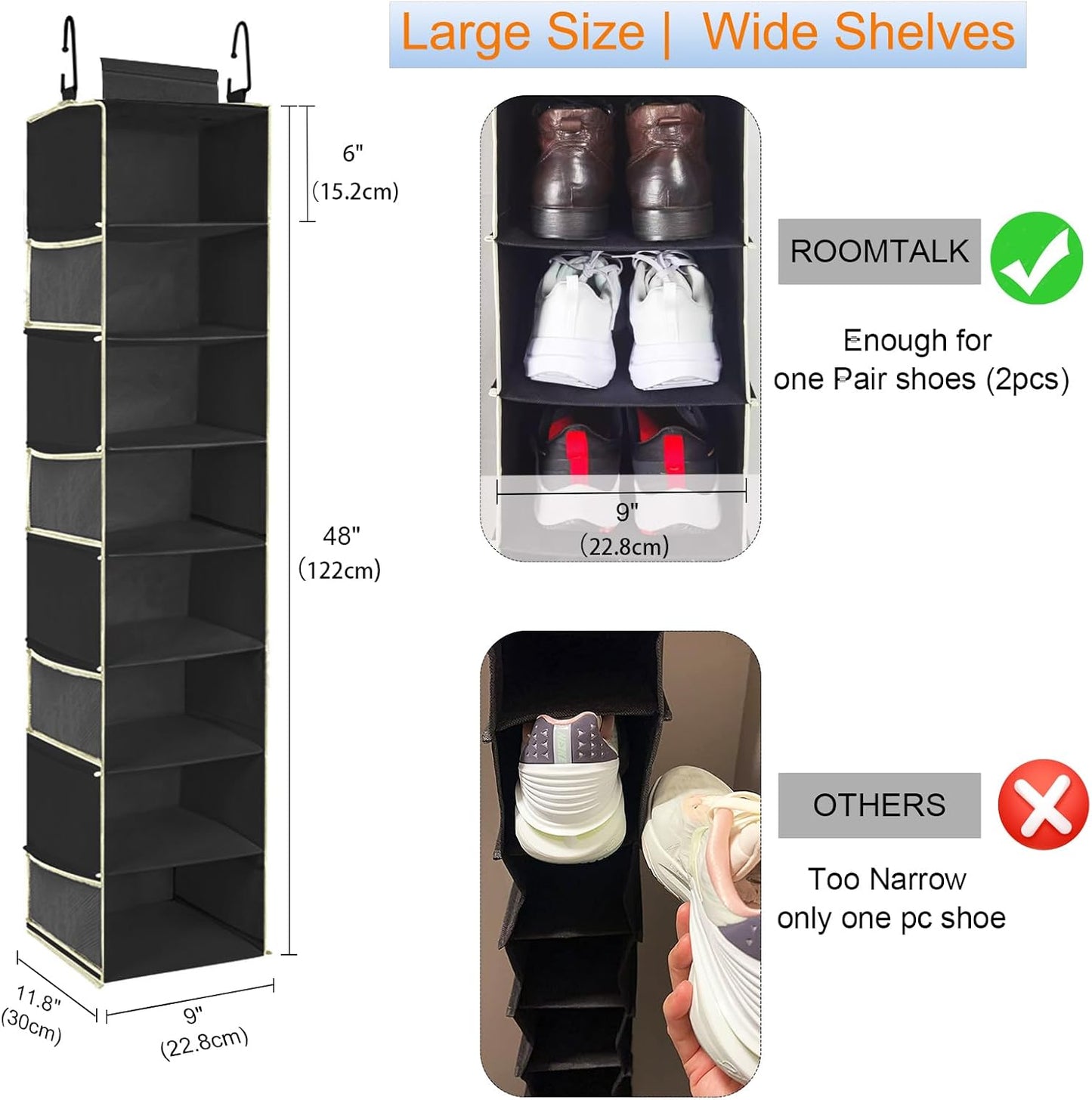 Large-Sized Hanging Shoe Organizer 8-Shelf, Hanging Closet Organizer with 8 Side Pockets, Wider Hanging Shelves for Storage Shoes Clothes 9" W × 11.8" D× 48" H, Black.