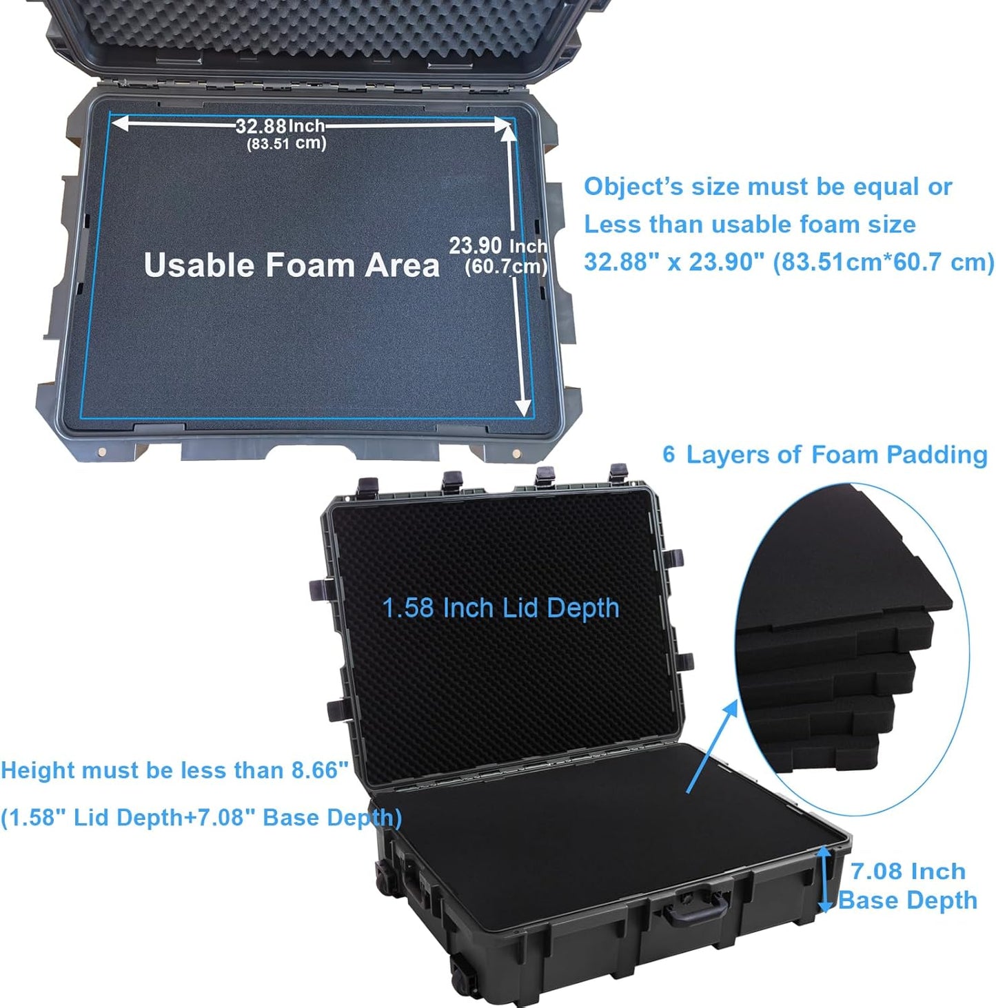 Waterproof Hard Case, 38.5x 29.5 x 11 Inch Rolling Hard Case, Equipment Roller with Wheels,Customizable Foam, for cameras, Camcorder,Drone,Gear, tool,IP67, Inner 32.88" x 23.90" x 8.66"