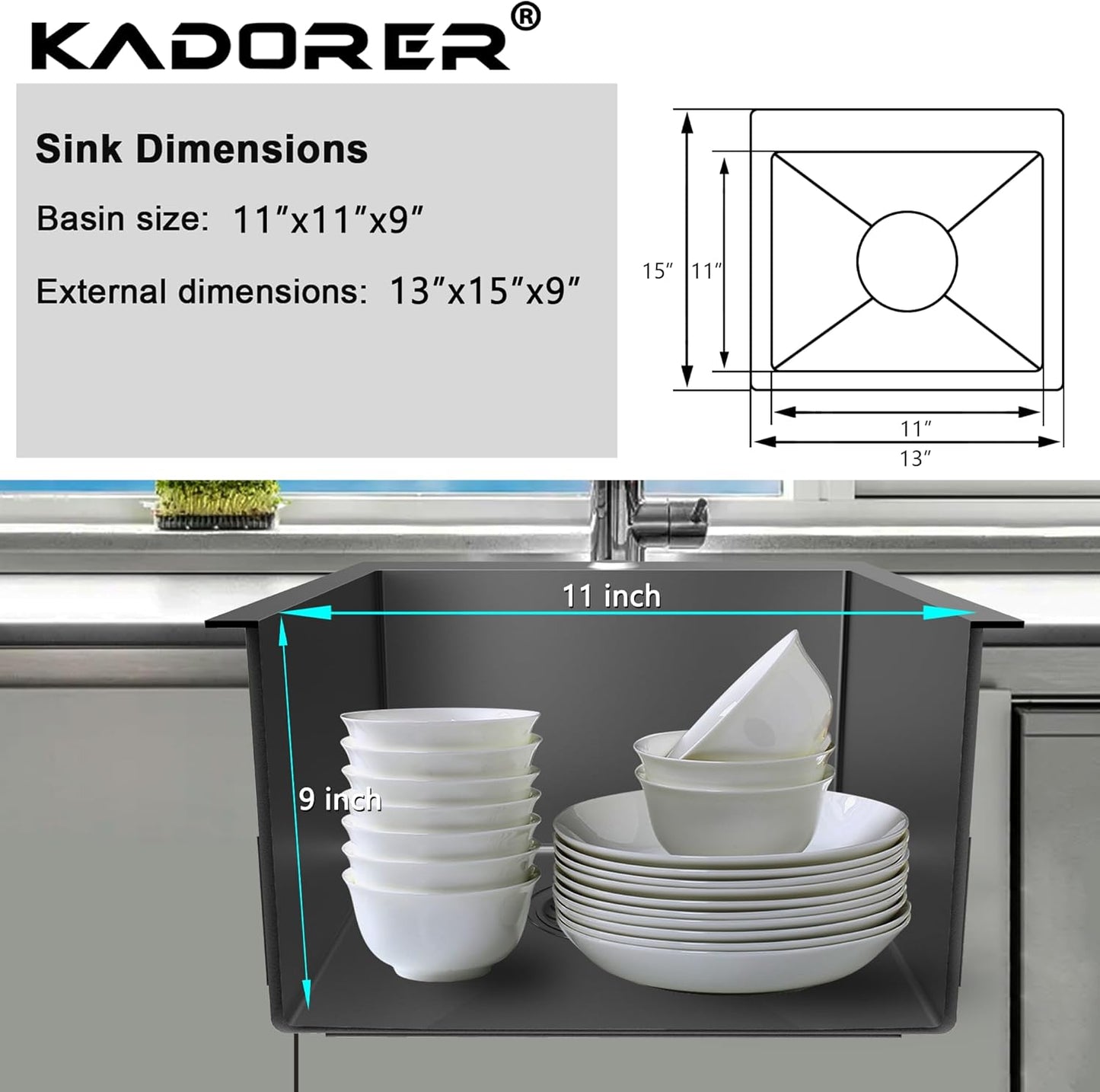 13 x 15 Inch Black Drop In Small Kitchen Sink, Single Bowl Topmount Bar Prep Sink - 18 Gauge Stainless Steel with Basket Strainer