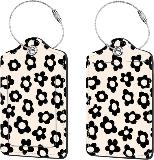 2 Pcs Luggage Tags for Suitcase, Cute Unique PU Leather Travel Bag Tag with Privacy Cover ID Label Address Card and Durable Metal Ring Suitable for Men Women Children Backpack,Black Flowers