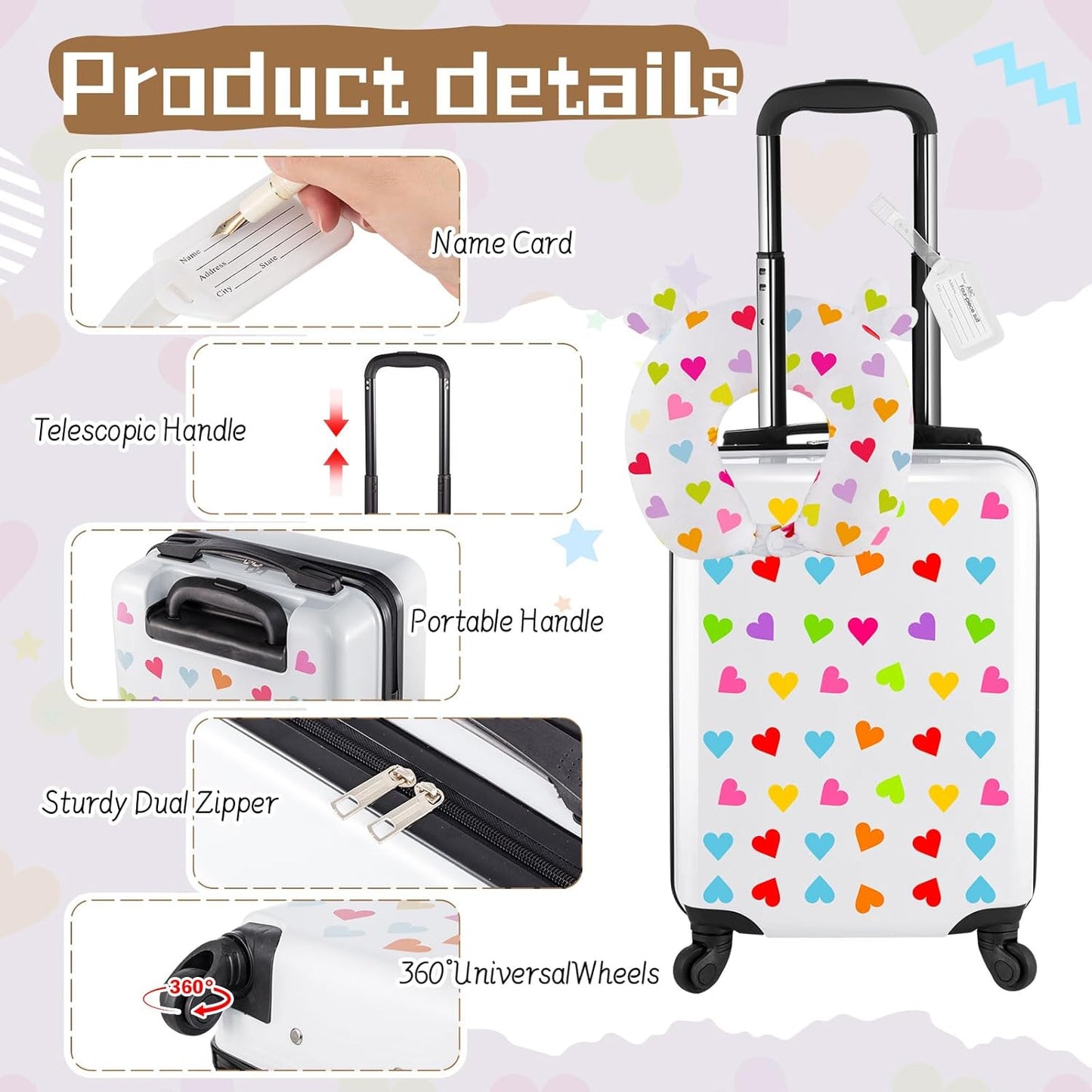 Sanwuta 4 Pcs Kids Luggage Set Kids Backpack Travel Rolling Suitcase with Wheels U-shape Pillow Childrens Gift for Girls Boys(17 Inch,Heart Style,White)