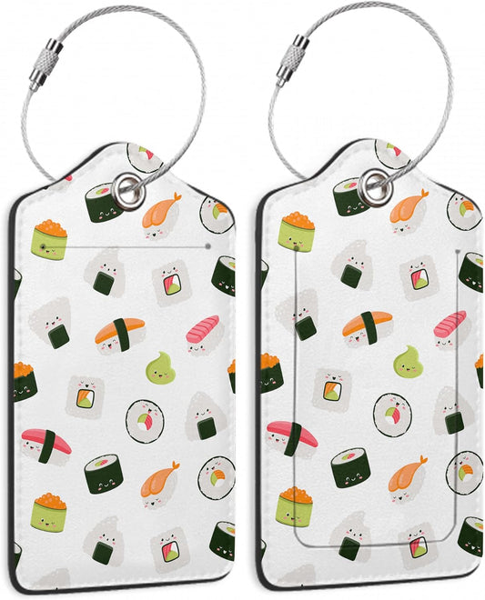 2 Pack Luggage Tags for Suitcase,Cute Funny Japanese Sushi Leather Luggage Tag Bag Tags Identifiers Privacy Cover Id Label with Steel Loop for Women Men Girls Boys Travel