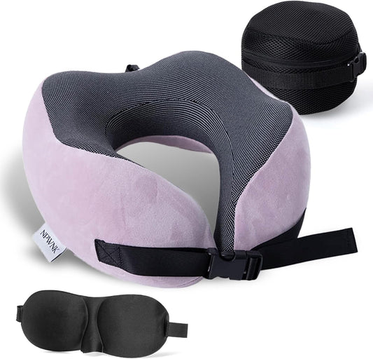 Pure Memory Foam Travel Pillows for Airplanes – Ergonomic Design with Adjustable Fit, Machine Washable, 3D Eye Mask & Compact Plane Pillow for Traveling – Grey & Pink