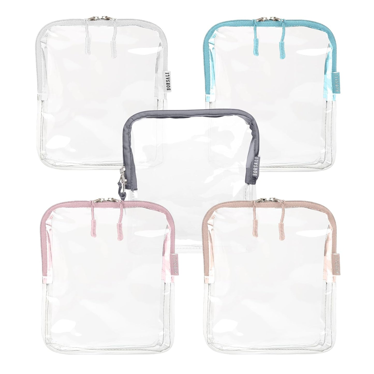 BORSALI TSA Approved Toiletry Bag - Clear Quart Size for 3-1-1 Carry On Travel - Makeup Organizer Cosmetic Pouch with Zipper - Travel Accessories - 5 Pack Colors