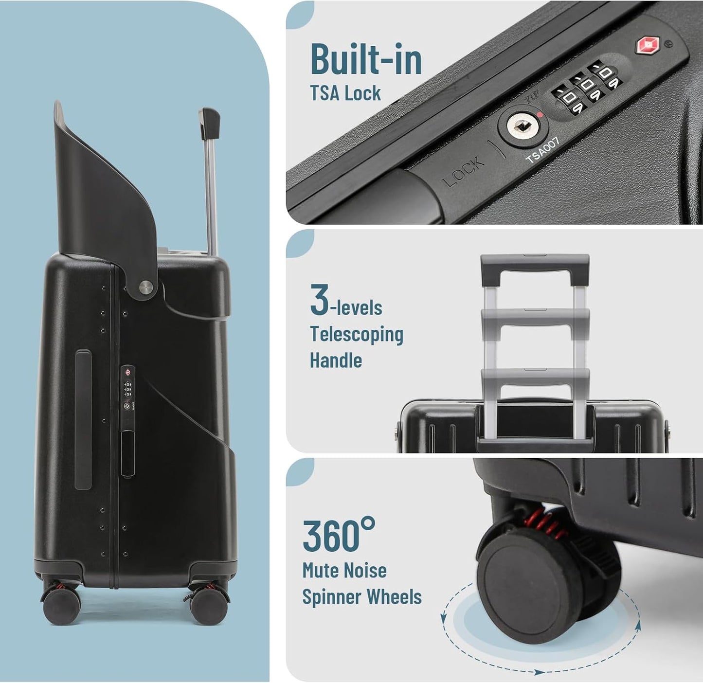 22 Inch TSA Lock Luggage with Seat for Adults and Kids,Check in Lockable Spinner Wheels Suitcase with Belt and Cover (TSA Luggage with Seat Black)