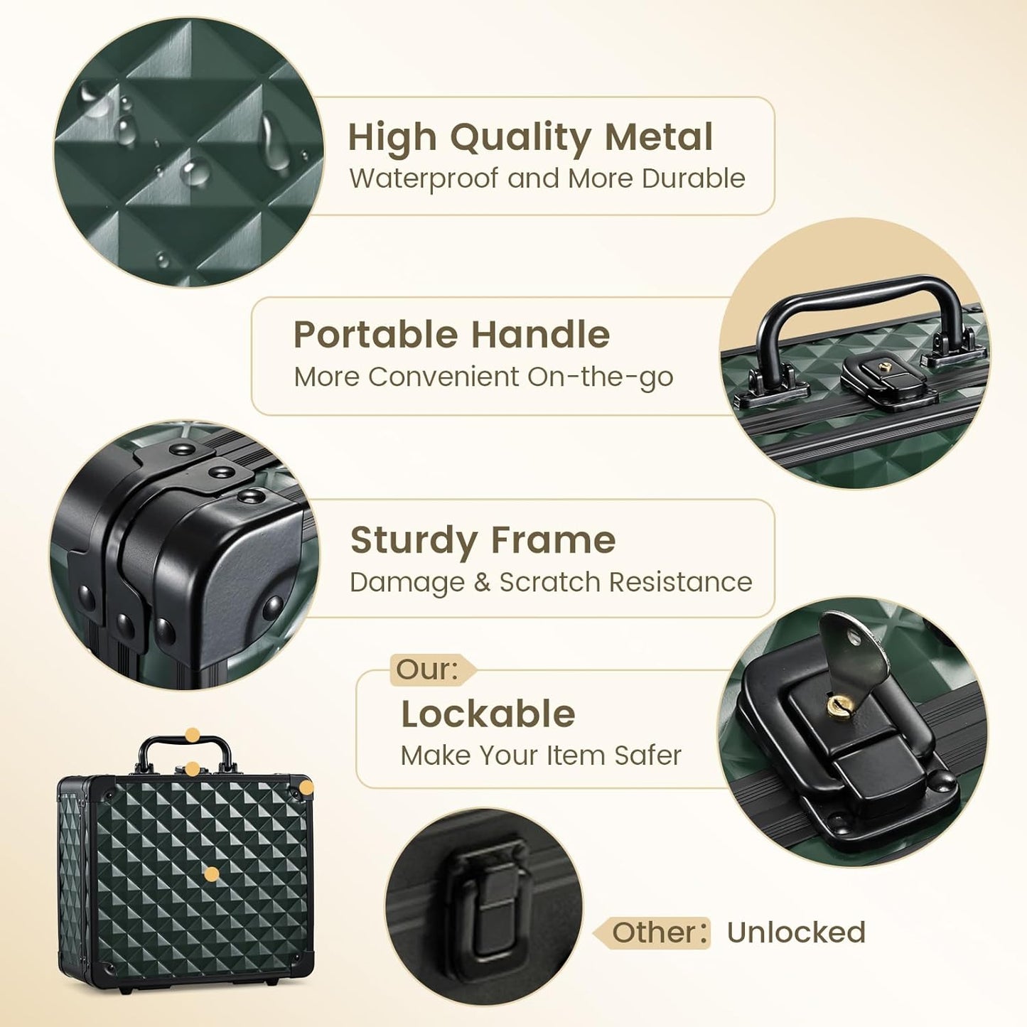 Makeup Box with Magnetic Lighted Up Mirror Makeup Organizer Box Travel Cosmetic Case Portable Vanity with 3 Colors LED MirrorMake up Suitcase with Lockable Keys Dividers Brush Holder Dark Green