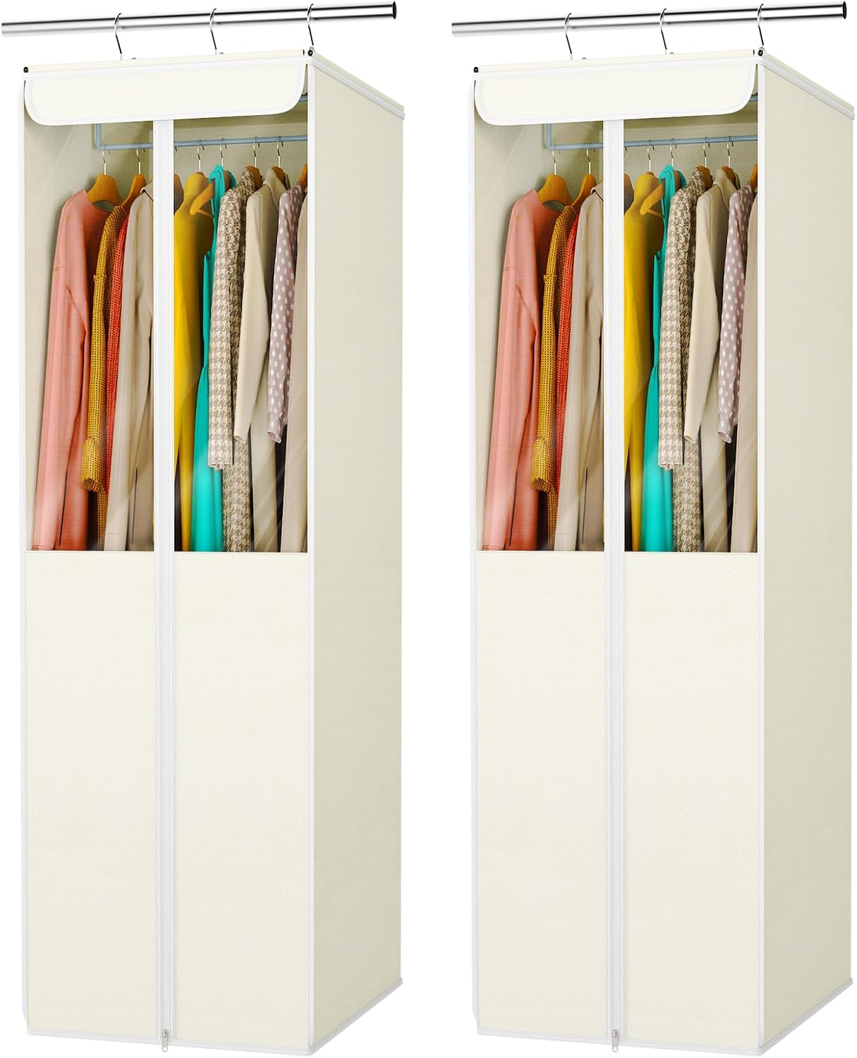 Univivi Garment Bags for Hanging Clothes, 2 Pack Large Clothes Storage Bags Closet Organizer with Clear Window, Premium Hanging Garment Storage Bag for Suits, Coats, Dresses, 54" (Beige)