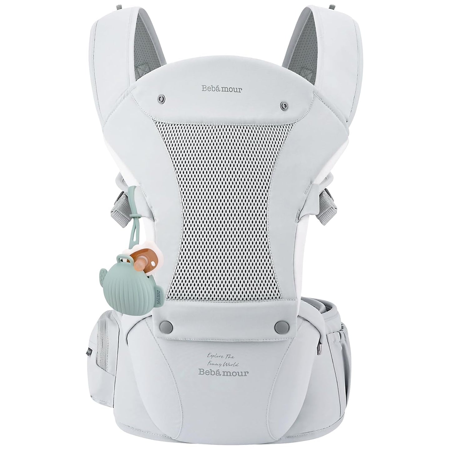 Bebamour Baby Carrier with Hip Seat,All-Position Breathable Mesh Hip Seat & Carrier 0-36Months with Head Hood, 3 PCS Teething Pads, Waist Extender,Storage Bag & Pacifier Case (Grey)