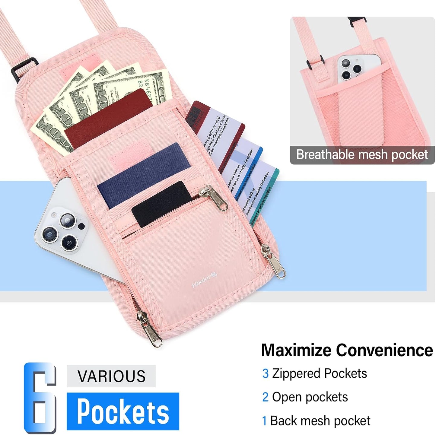 Hanke Passport Holder, Travel Wallet for Womens and Men, Neck Wallet Hidden Passport Pouch for Travel Adjustable Lightweight Thin with 6 compartments (Pink)