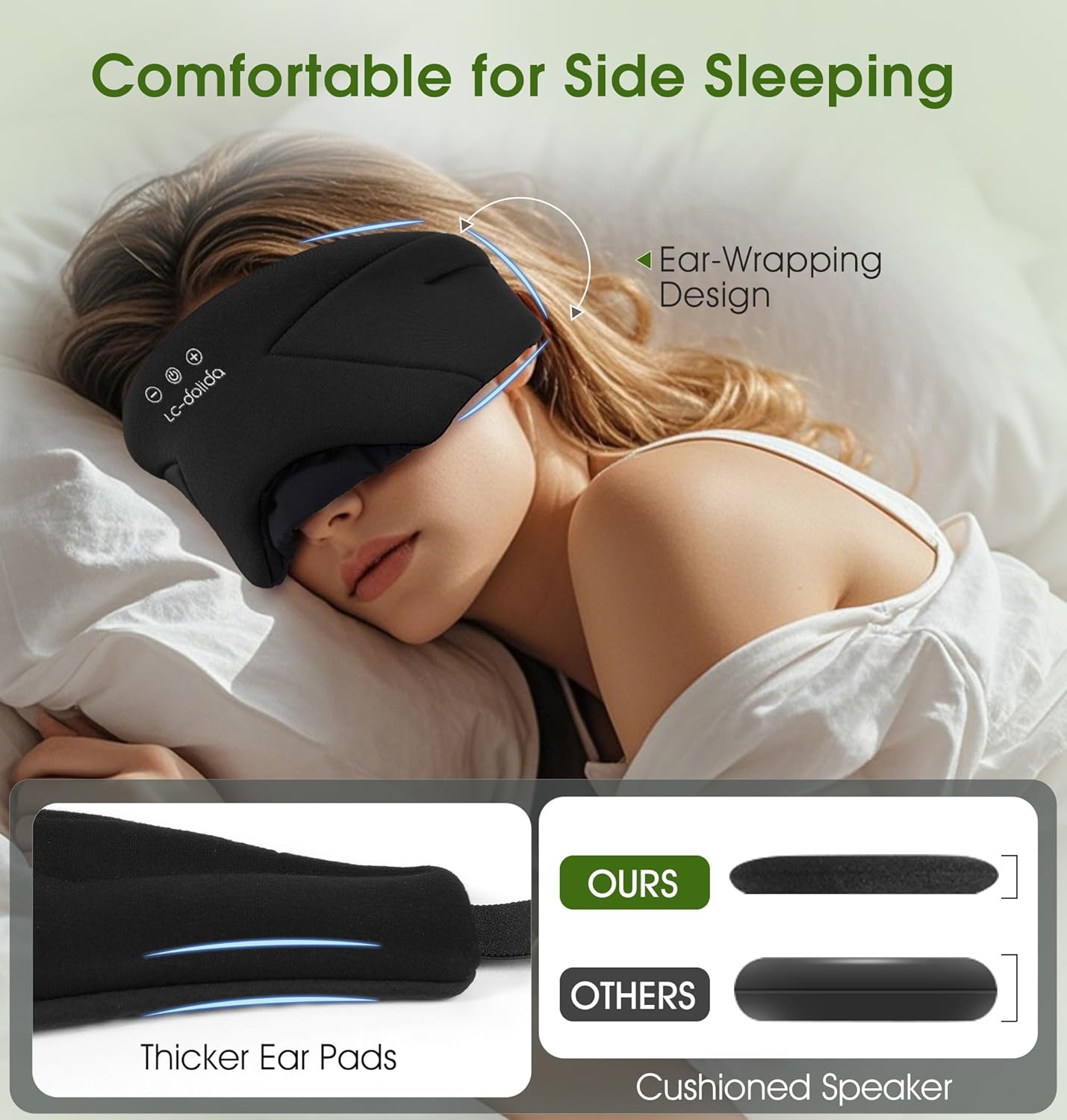 LC-dolida Sleep Mask with Headphones Bluetooth 5.4, Wireless Music Eye Mask for Sleeping Headphones with Soft Bamboo Cotton Cooling Breathable,Ultra-Thin Stereo Speaker for Side Sleepers-Black