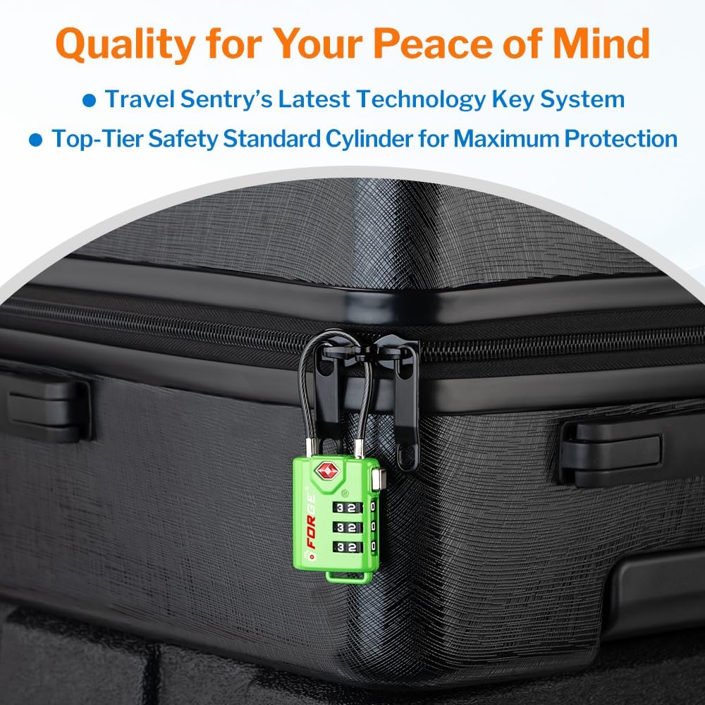 TSA Approved Cable Luggage Locks, Re-settable Combination with Alloy Body (Green 4 Locks)