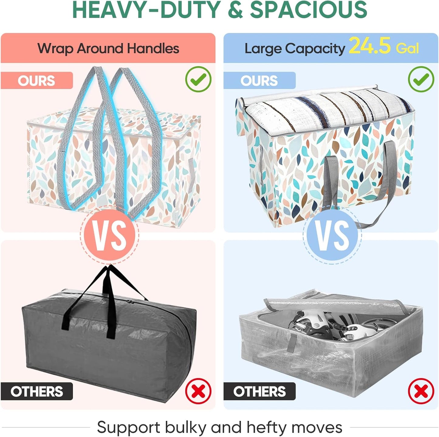 BALEINE 4-Pack Oversized Moving Bags with Reinforced Handles, Heavy-Duty Storage Tote for Clothes, Moving Supplies (Mosaic, 4-Pack)