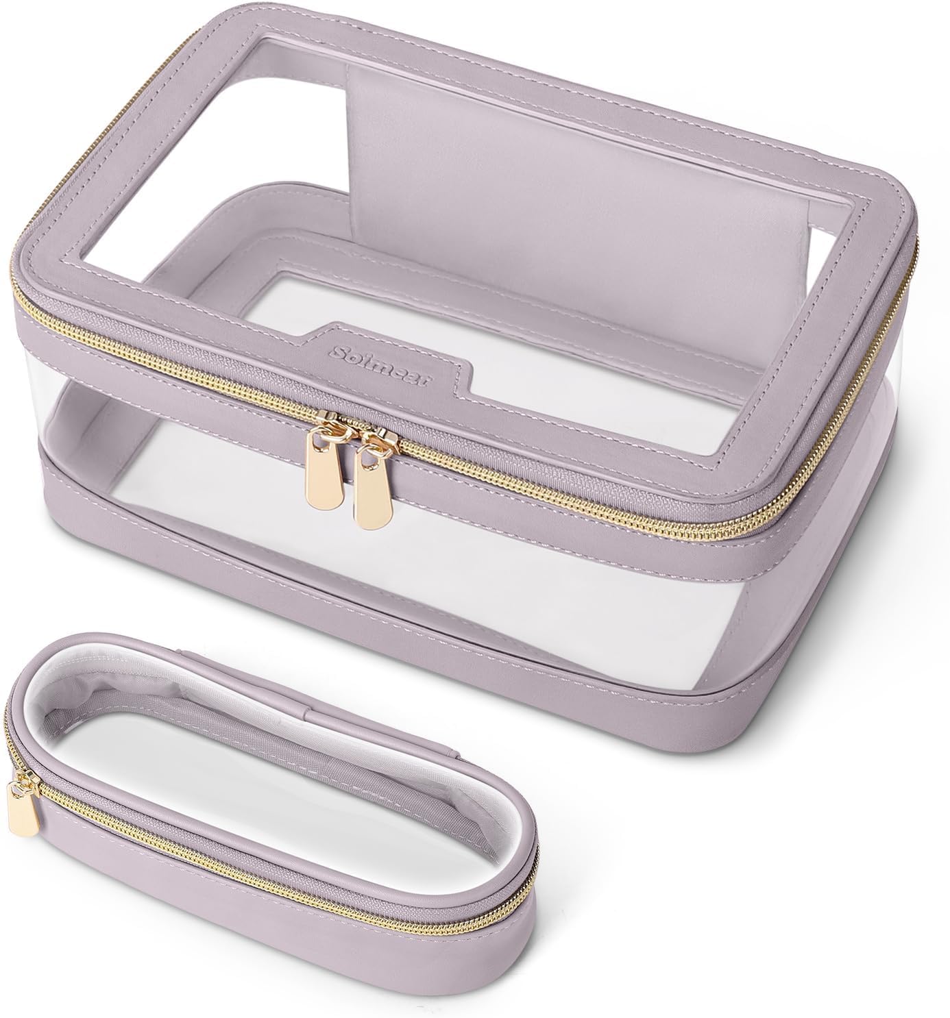 Travel Clear Makeup Bag with Makeup Brush Bag, Leather Makeup Case Toiletry Bag, Portable Cosmetic Bag Case, Transparent Waterproof Cosmetic Organizer Storage Bag for Women, Purple