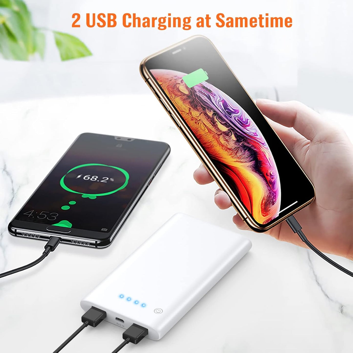 [2 Pack] Portable Charger Power Bank 10000mAh,Ultra Slim Portable Phone Charger with Dual USB Outputs,Backup Charging External Battery Pack Compatible with iPhone 15/14/13/12/11,Android etc-Blue+White