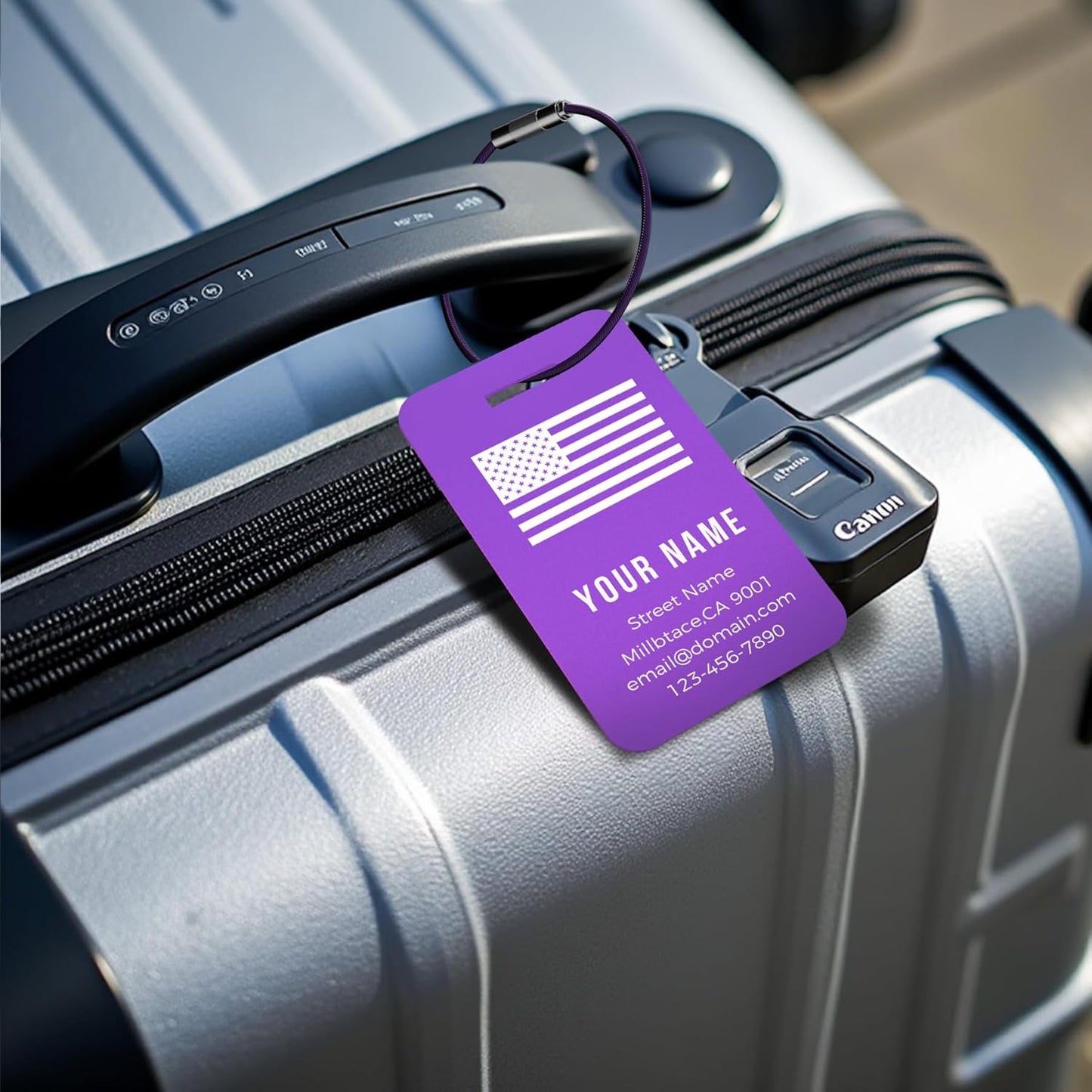 Personalized Luggage Tags, Custom Luggage Tags 4 Pack TSA Approved Double Sided Laser Engraving, Metal Luggage Tag for Suitcases with Stainless Loops, Name Tag for Bags, Backpacks (Purple)